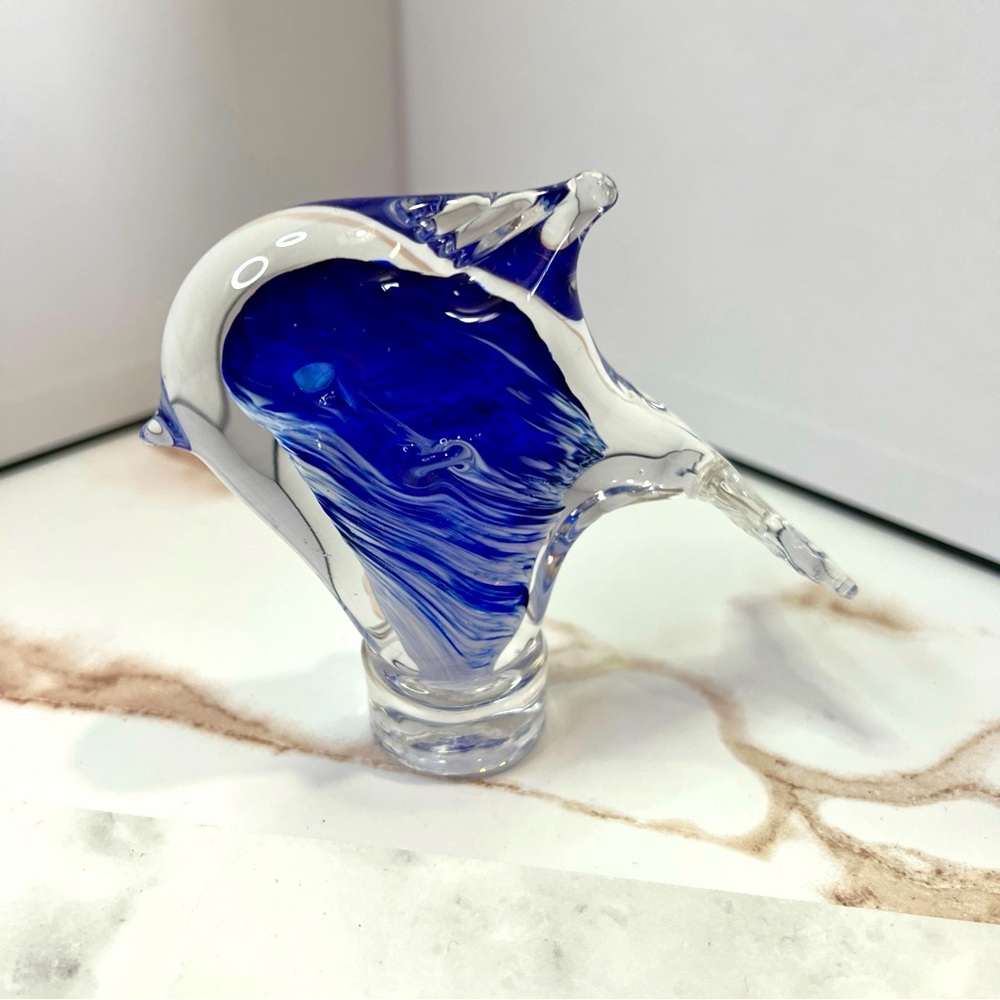 Hand Blown Real Murano Art Glass Cobalt Blue & Clear Fish Figurine  Paperweight